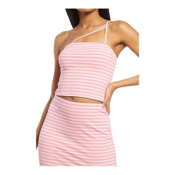 AFRM pink striped ribbed saddle one shoulder crop top - Picture 1 of 8